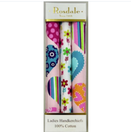 <b>Ladies set of 3 Handkerchiefs - Hearts & Flowers</b>